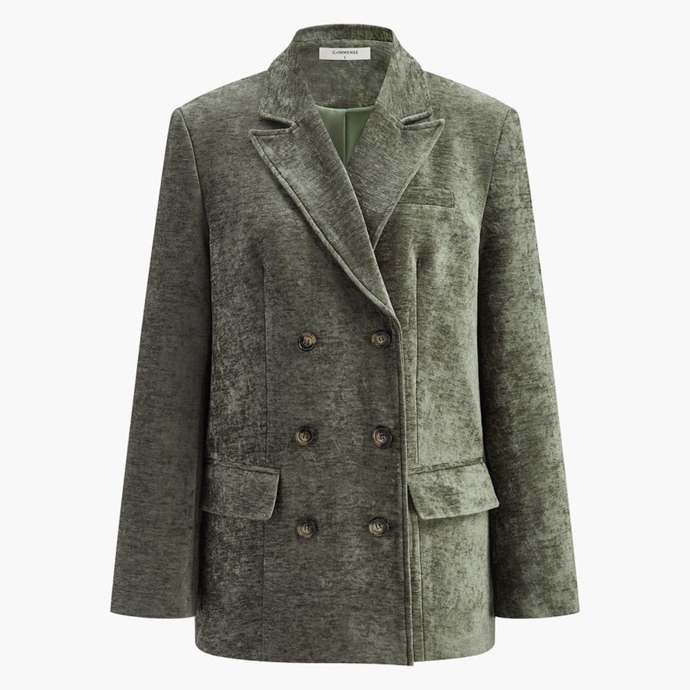 COMMENSE Olive Velvet Double-Breasted Blazer